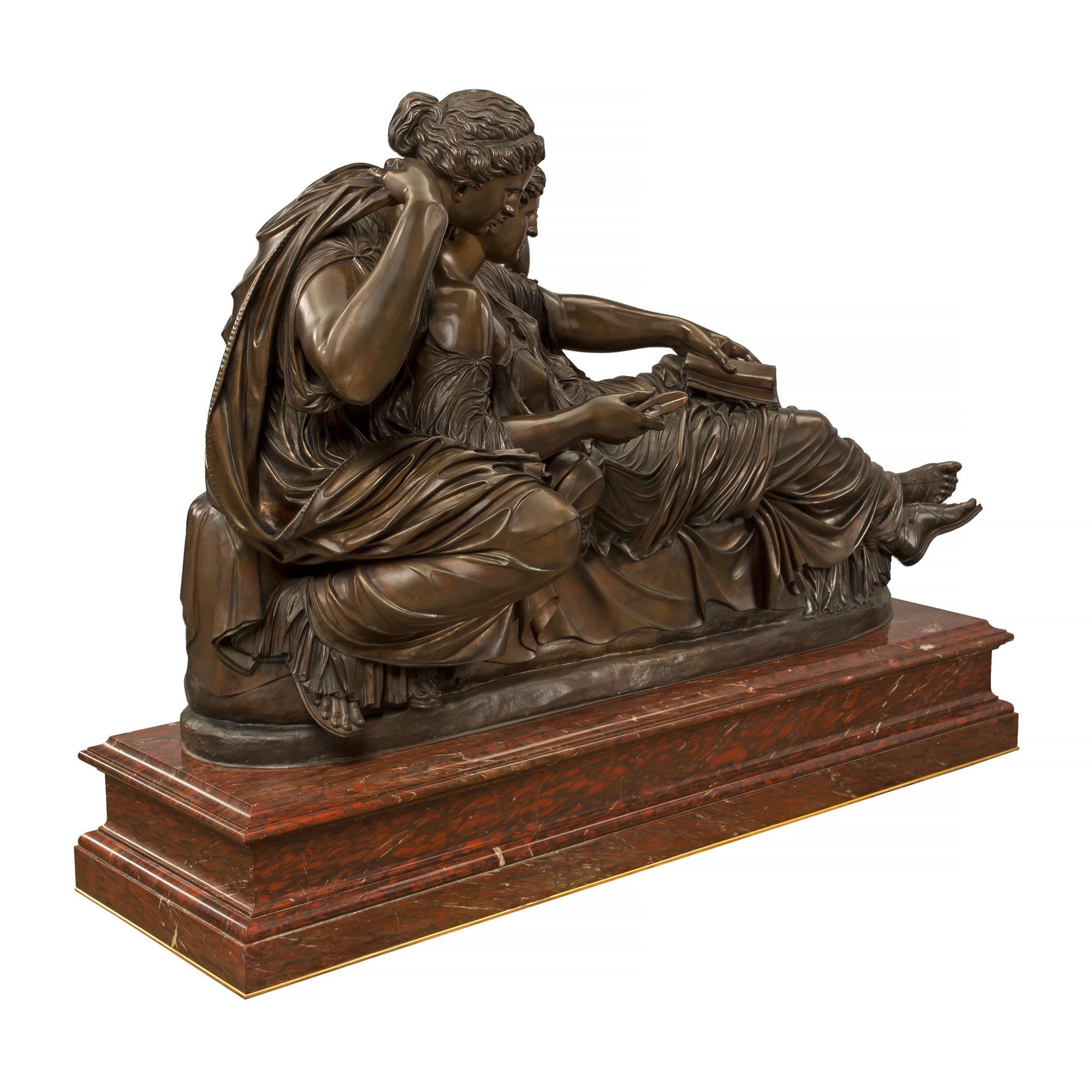 A French 19th century Louis XVI st. bronze and marble statue of &quot;The Two Fates&quot;, signed by F ...