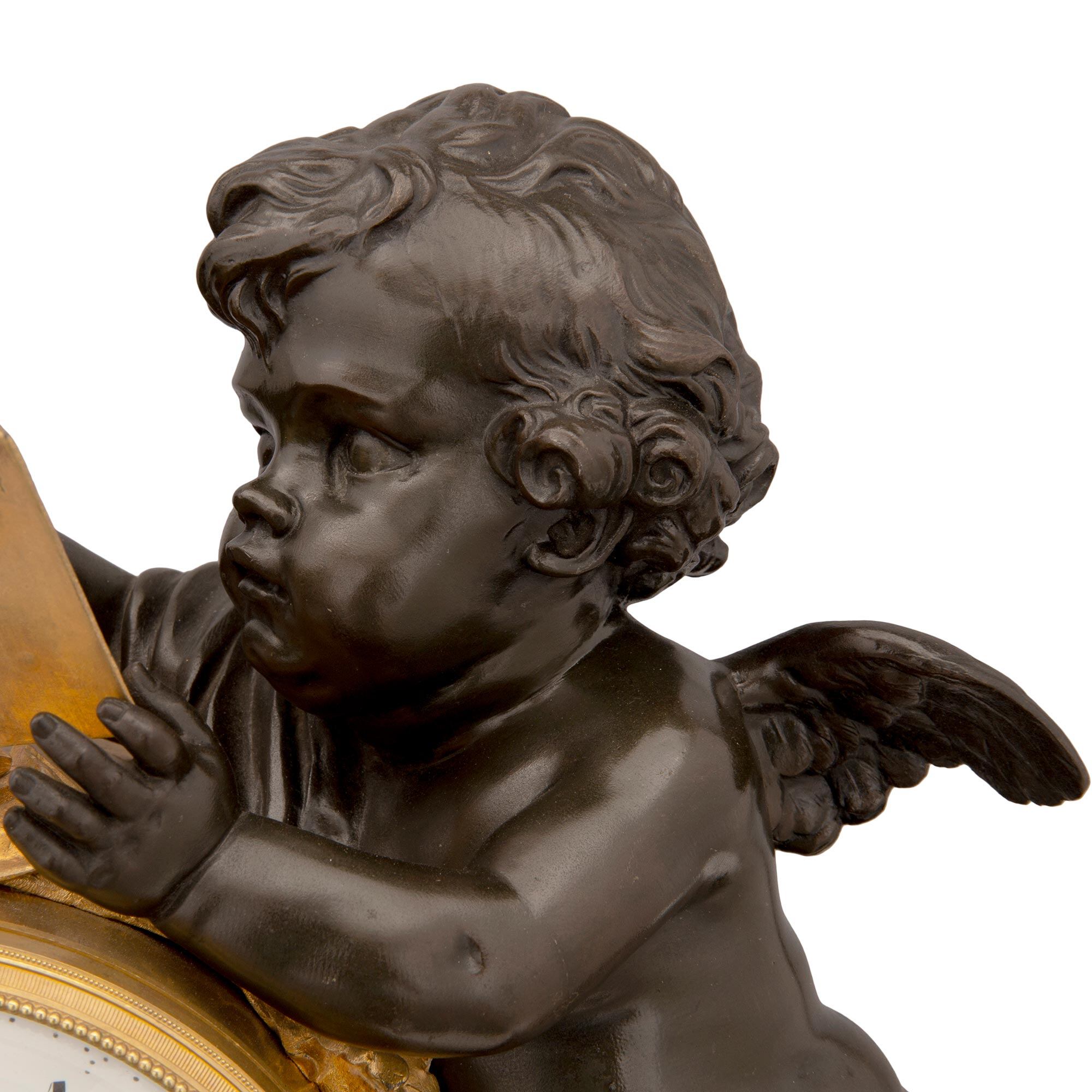 A French mid 19th century Louis XVI st. patinated bronze, ormolu and white Carrara marble clock ...