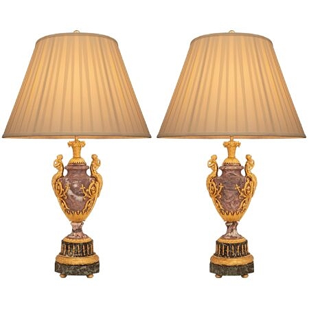A pair of French 19th century Louis XVI st. ormolu, Vert de Patricia and Rose Vif marble urns mounted in to lamps