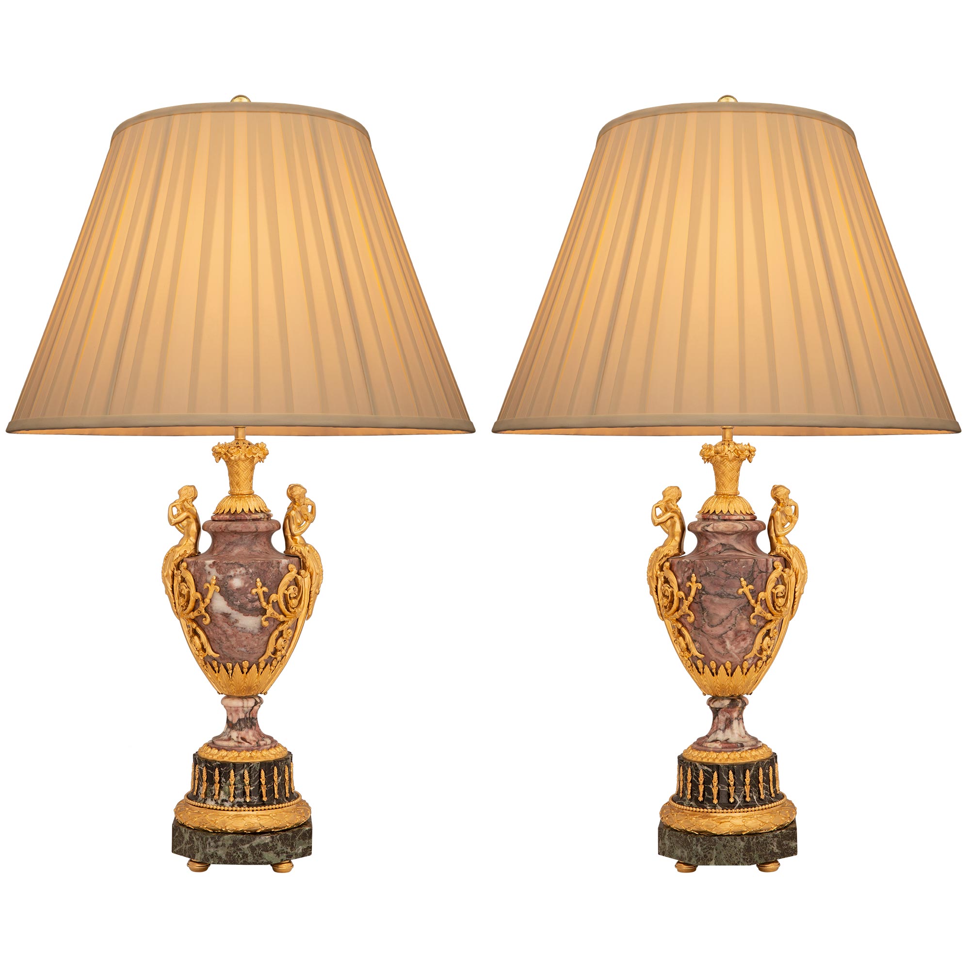 A pair of French 19th century Louis XVI st. ormolu, Vert de Patricia and Rose Vif marble urns mounted in to lamps